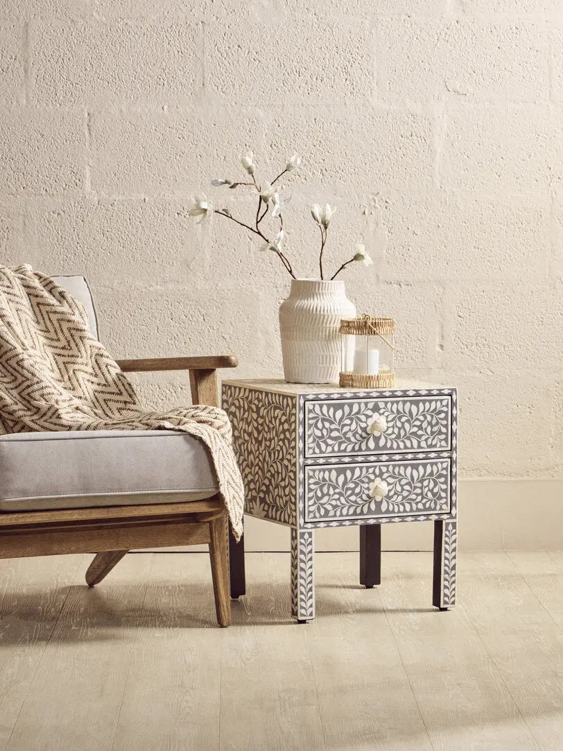 Fazion 2 Drawer Bone Inlay Side Table   Nicholas John Interiors