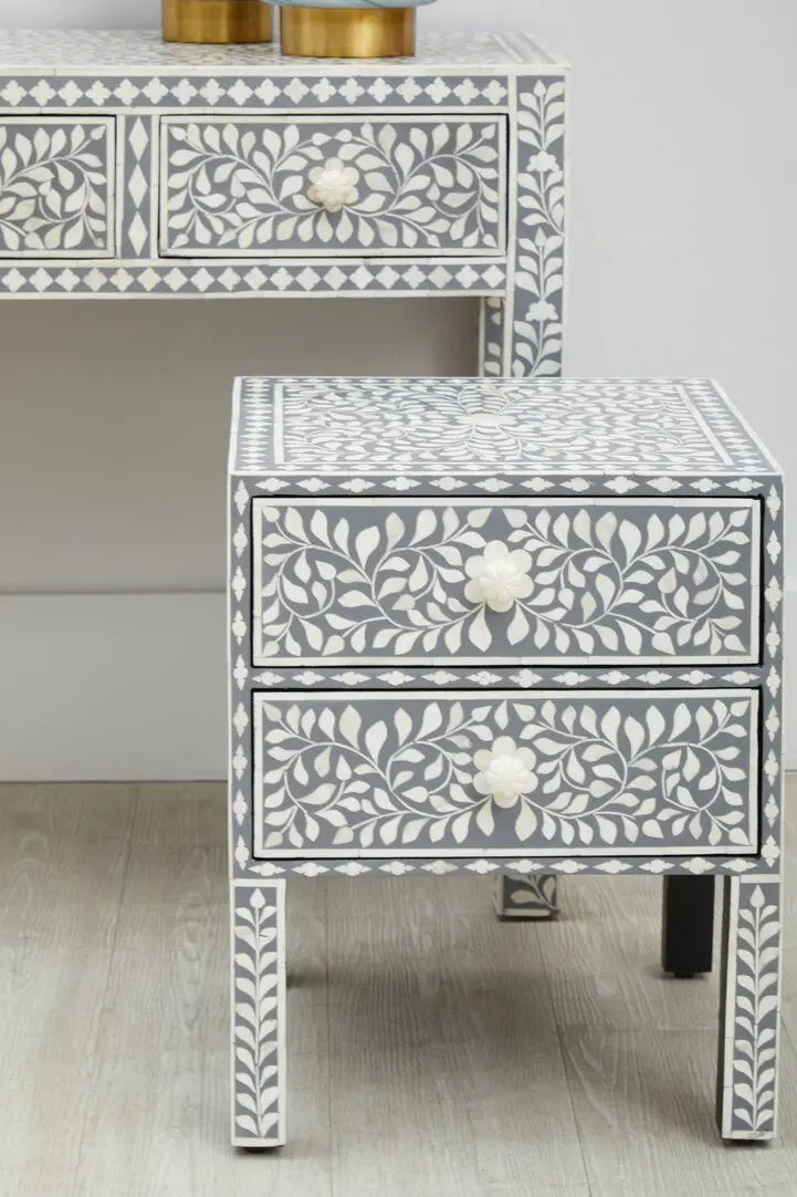 Fazion 2 Drawer Bone Inlay Side Table   Nicholas John Interiors