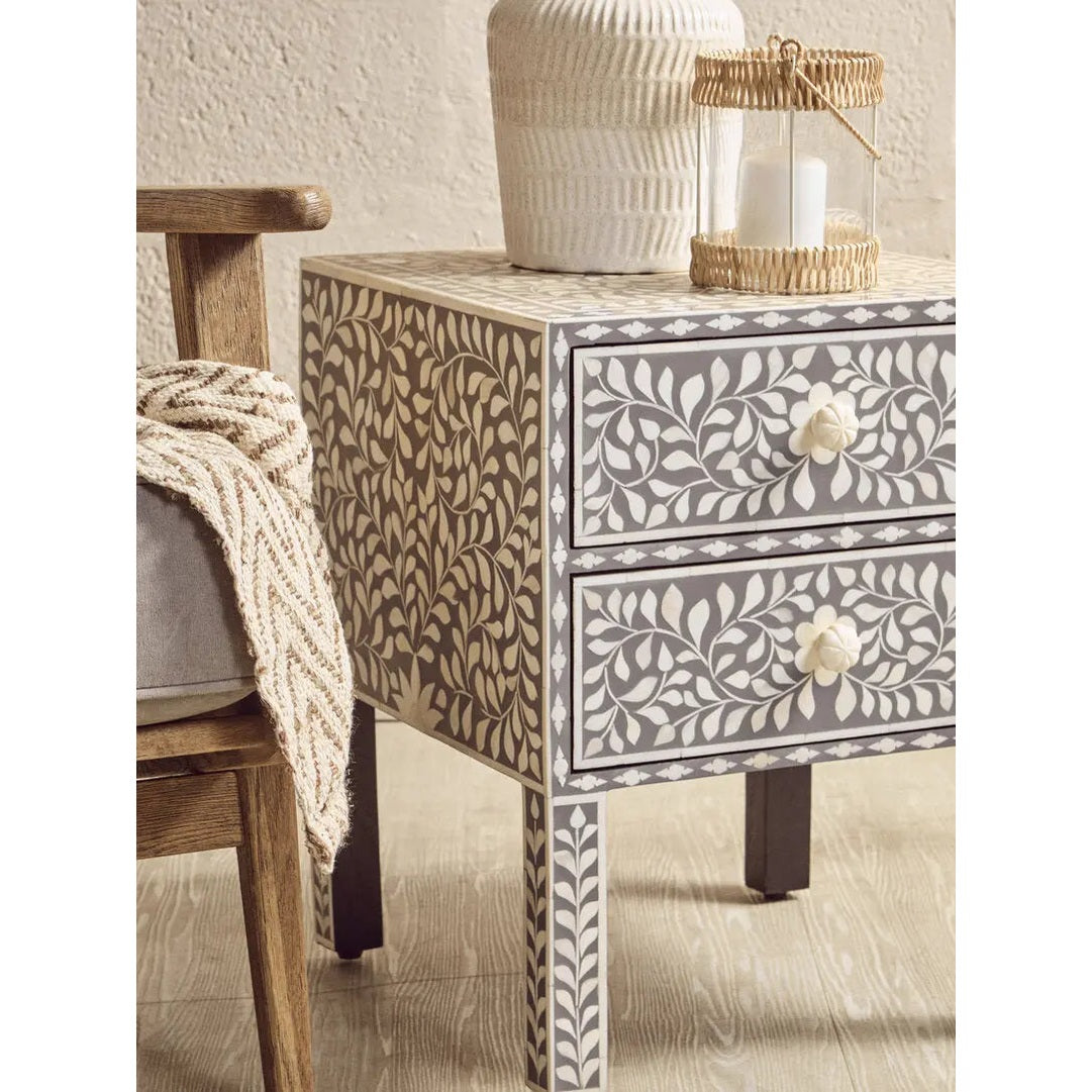 Fazion 2 Drawer Bone Inlay Side Table   Nicholas John Interiors