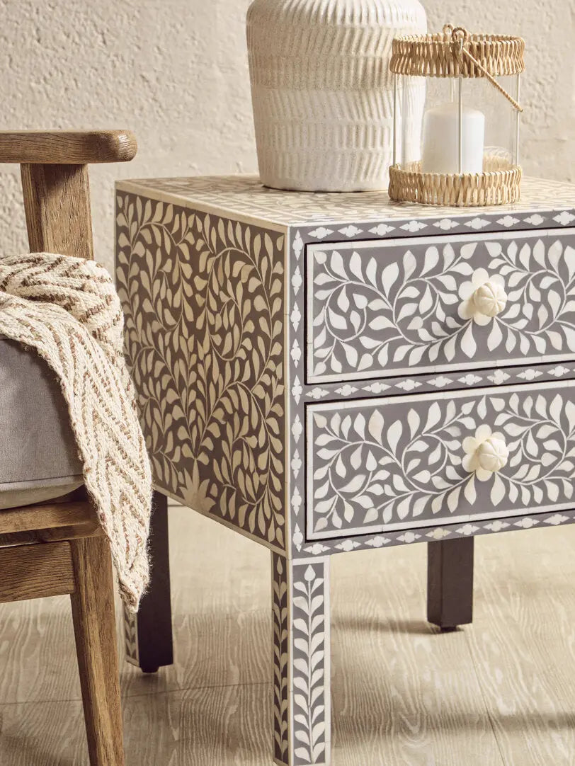 Fazion 2 Drawer Bone Inlay Side Table   Nicholas John Interiors