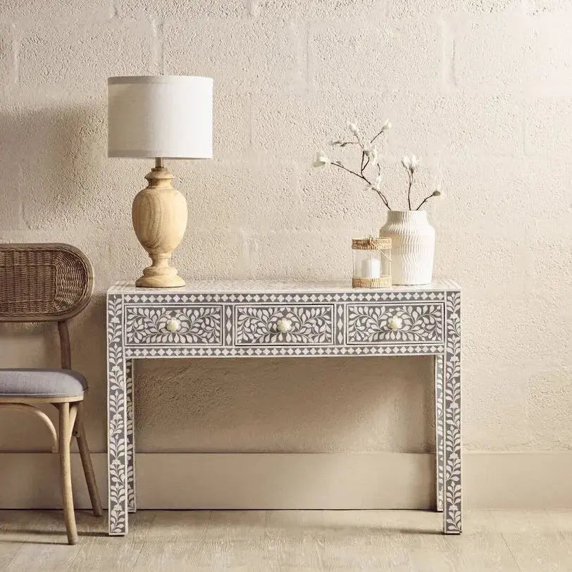 Fazion Bone Inlay Desk with 3 Drawers   Nicholas John Interiors