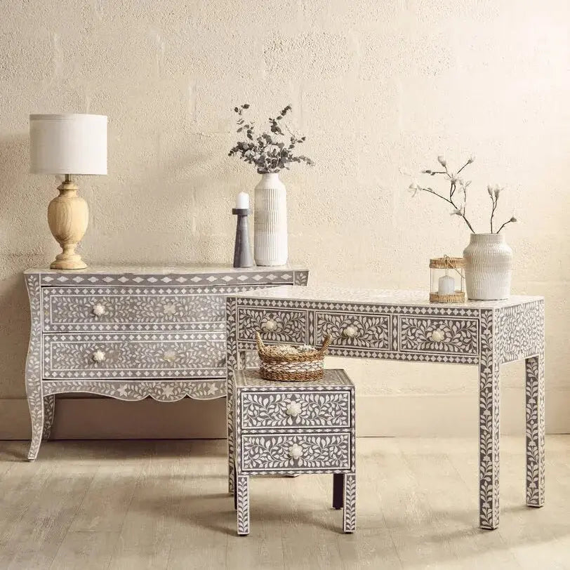 Fazion Bone Inlay Desk with 3 Drawers   Nicholas John Interiors