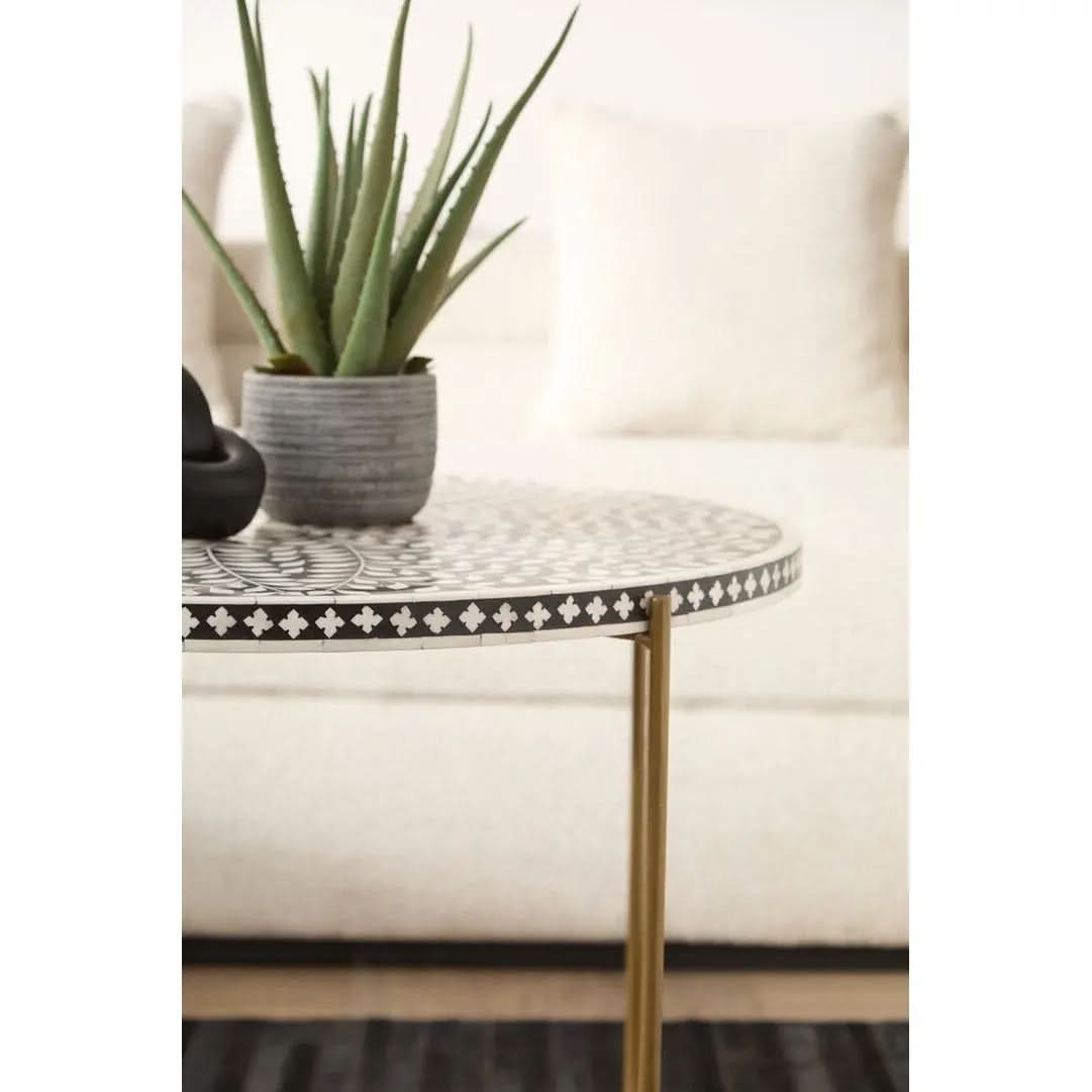Fazion Bone Inlay Round Coffee Table with Gold Legs   Nicholas John Interiors