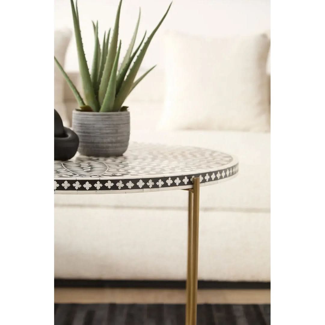 Fazion Bone Inlay Round Coffee Table with Gold Legs   Nicholas John Interiors