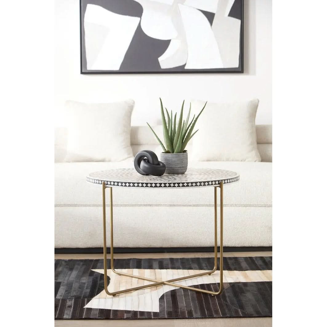 Fazion Bone Inlay Round Coffee Table with Gold Legs   Nicholas John Interiors
