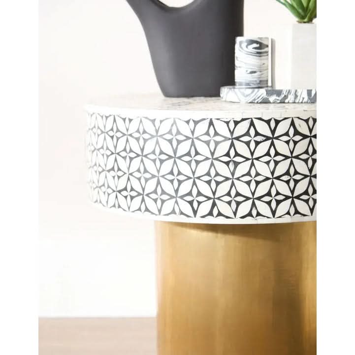 Fazion Bone Inlay Round Side Table with Gold Base   Nicholas John Interiors