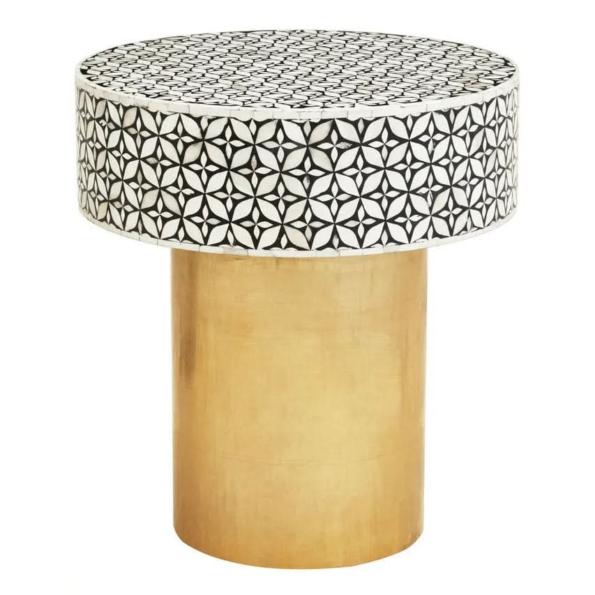 Fazion Bone Inlay Round Side Table with Gold Base   Nicholas John Interiors