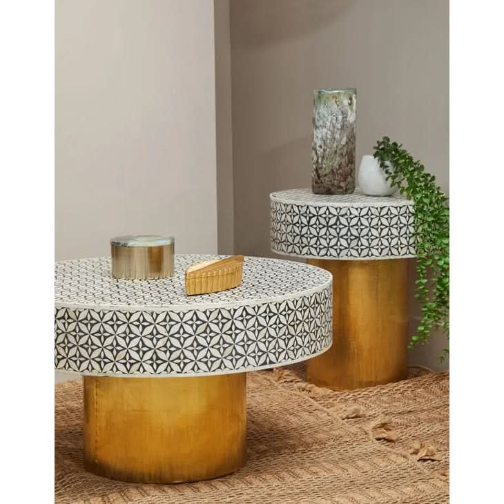 Fazion Bone Inlay Round Side Table with Gold Base   Nicholas John Interiors