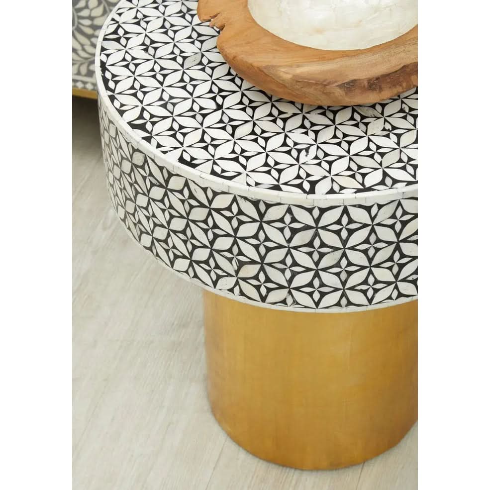 Fazion Bone Inlay Round Side Table with Gold Base   Nicholas John Interiors