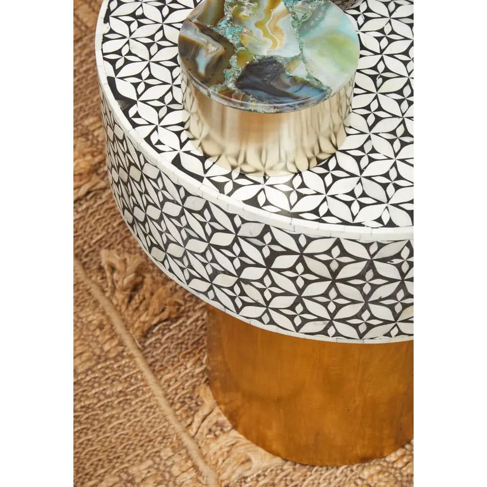 Fazion Bone Inlay Round Side Table with Gold Base   Nicholas John Interiors
