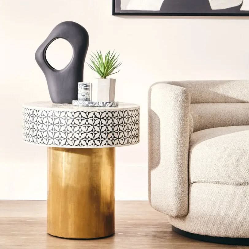 Fazion Bone Inlay Round Side Table with Gold Base   Nicholas John Interiors