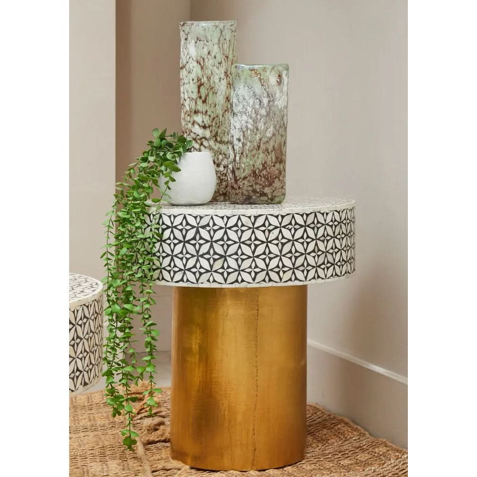 Fazion Bone Inlay Round Side Table with Gold Base   Nicholas John Interiors