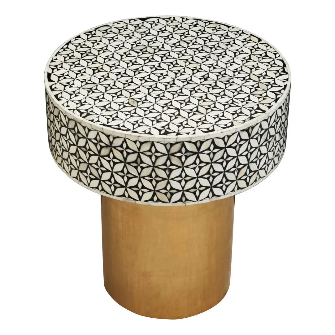 Fazion Bone Inlay Round Side Table with Gold Base   Nicholas John Interiors
