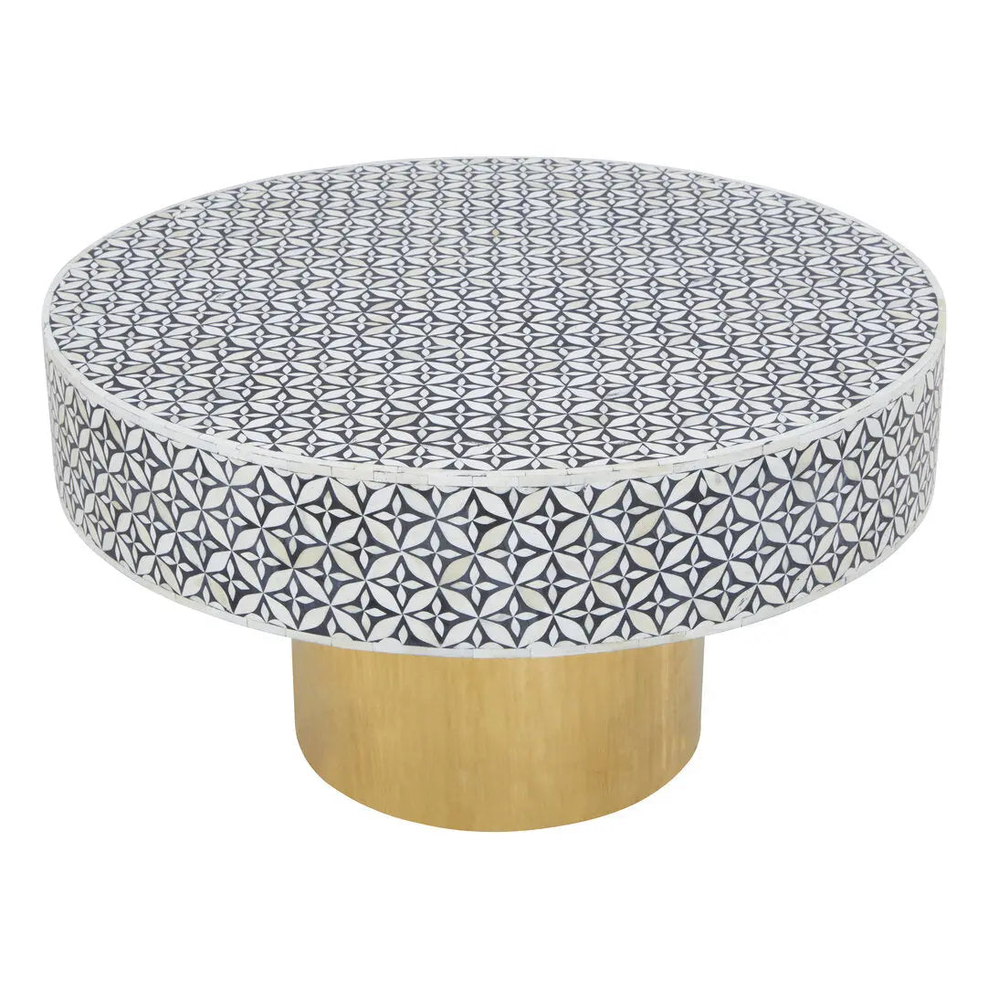Fazion Round Bone Inlay Coffee Table With Gold Base   Nicholas John Interiors