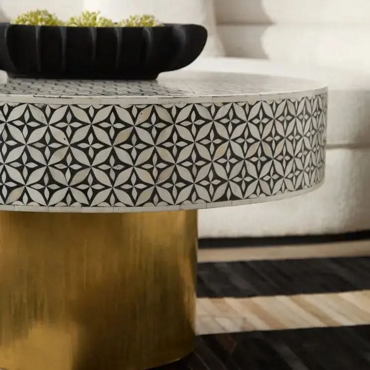 Fazion Round Bone Inlay Coffee Table With Gold Base   Nicholas John Interiors
