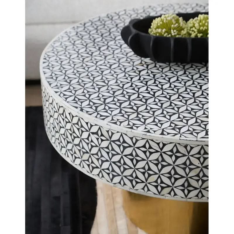 Fazion Round Bone Inlay Coffee Table With Gold Base   Nicholas John Interiors