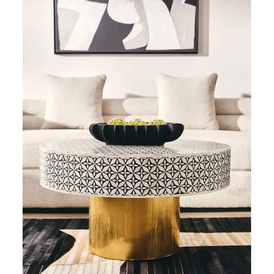Fazion Round Bone Inlay Coffee Table With Gold Base   Nicholas John Interiors