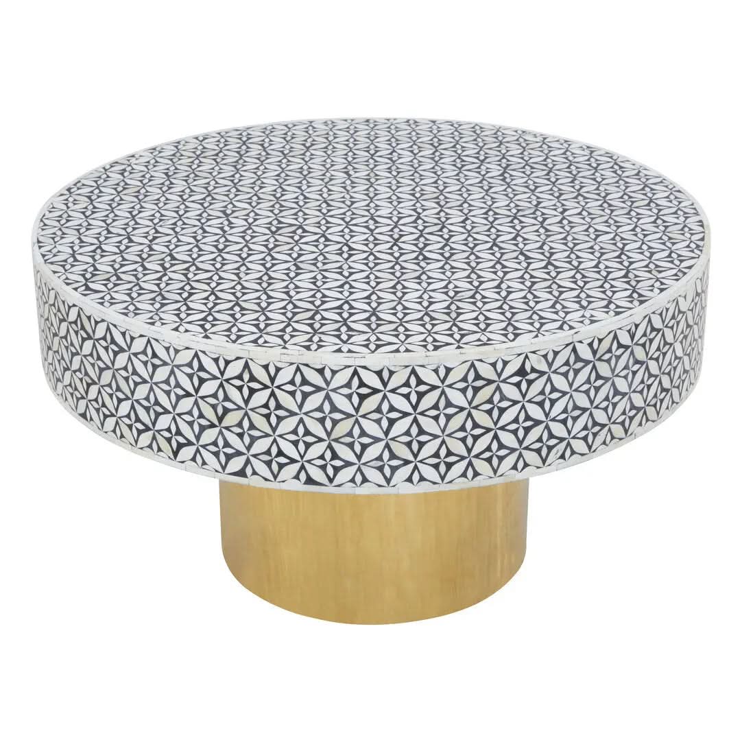 Fazion Round Bone Inlay Coffee Table With Gold Base   Nicholas John Interiors