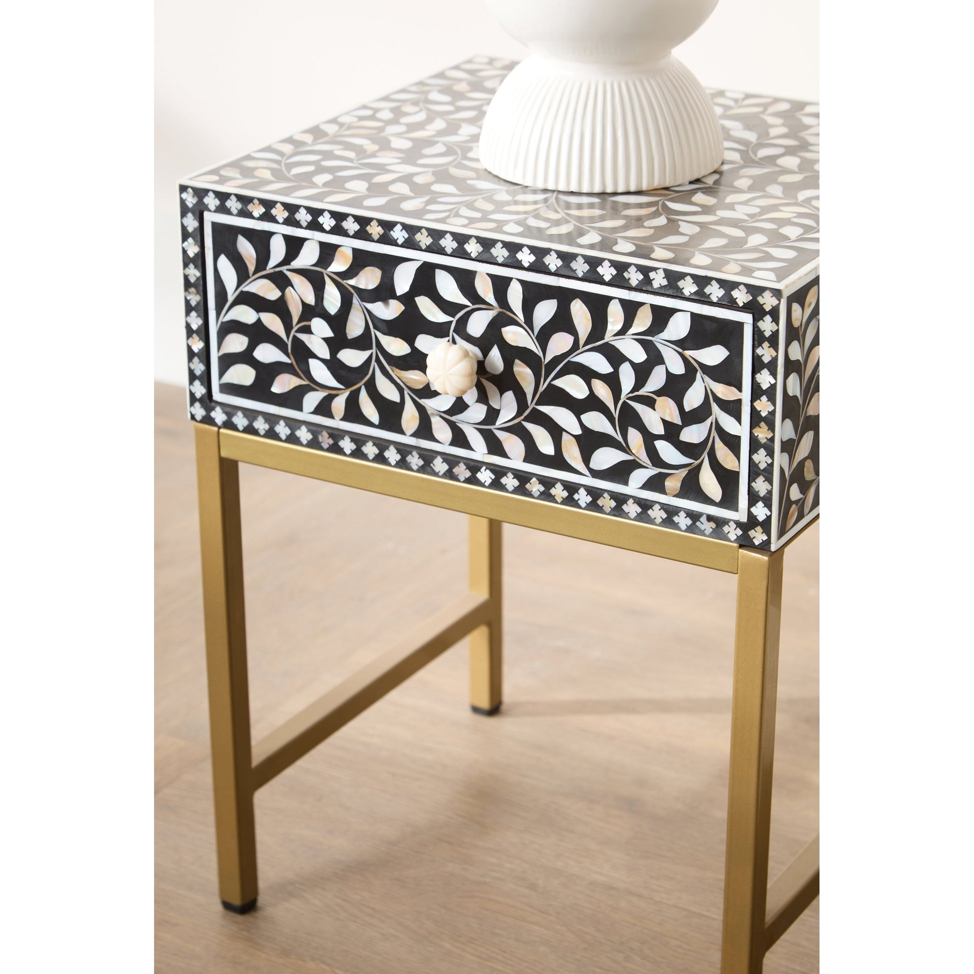 Fusari 1 Drawer Side Table with Bone Inlay & Gold Legs  Nicholas John Interiors