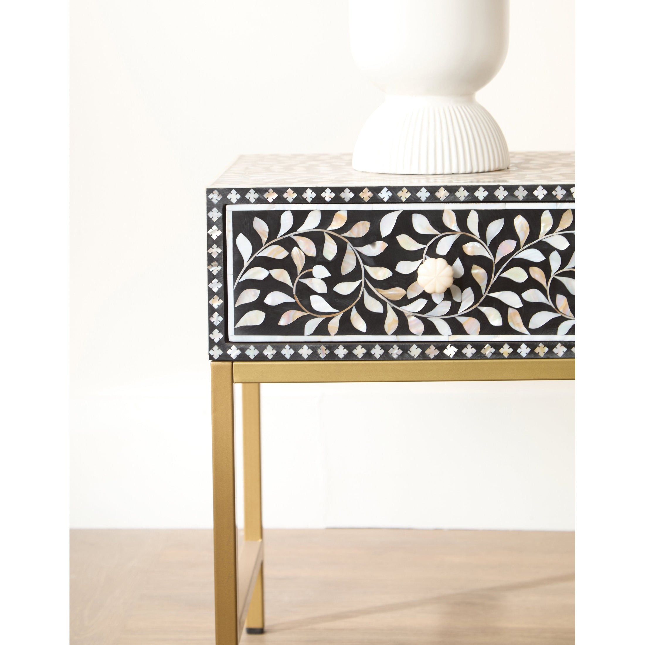 Fusari 1 Drawer Side Table with Bone Inlay & Gold Legs  Nicholas John Interiors
