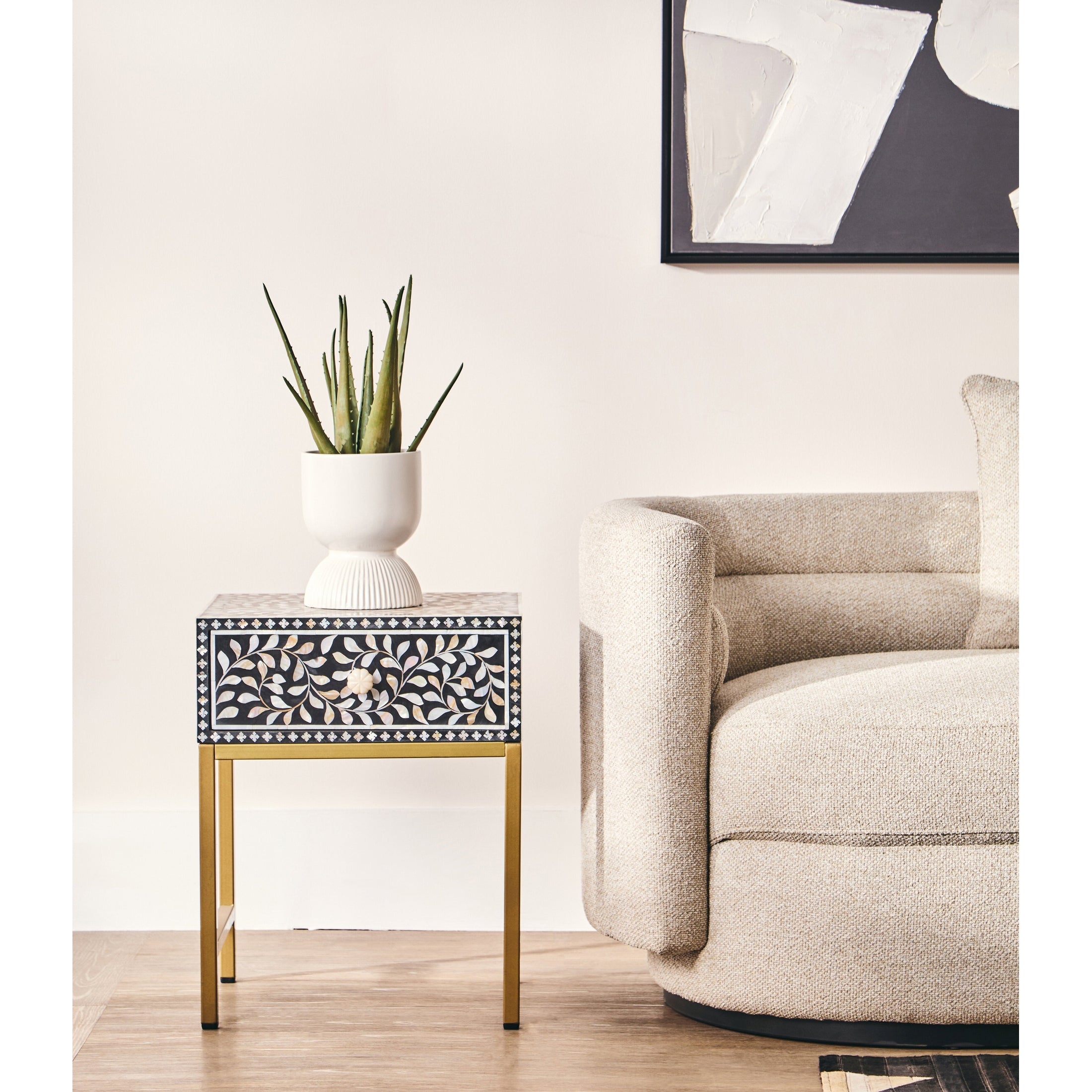 Fusari 1 Drawer Side Table with Bone Inlay & Gold Legs  Nicholas John Interiors