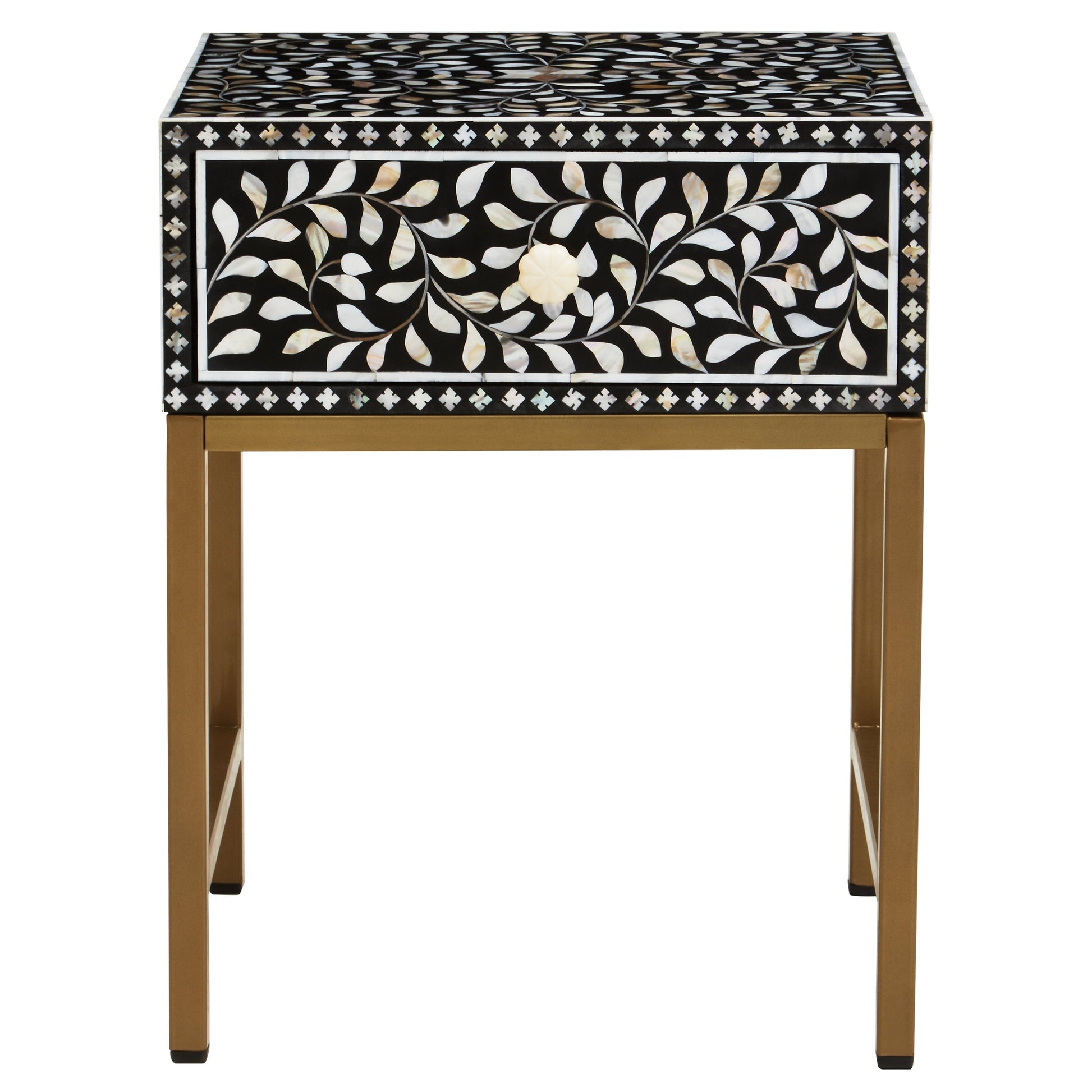Fusari 1 Drawer Side Table with Bone Inlay & Gold Legs  Nicholas John Interiors