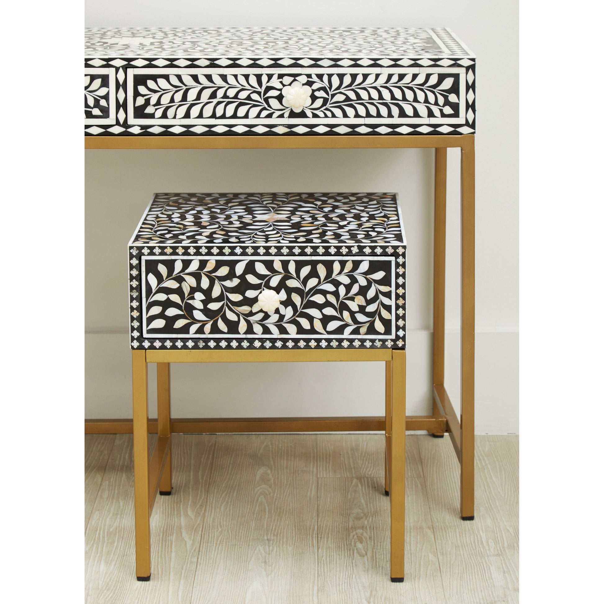 Fusari 1 Drawer Side Table with Bone Inlay & Gold Legs  Nicholas John Interiors