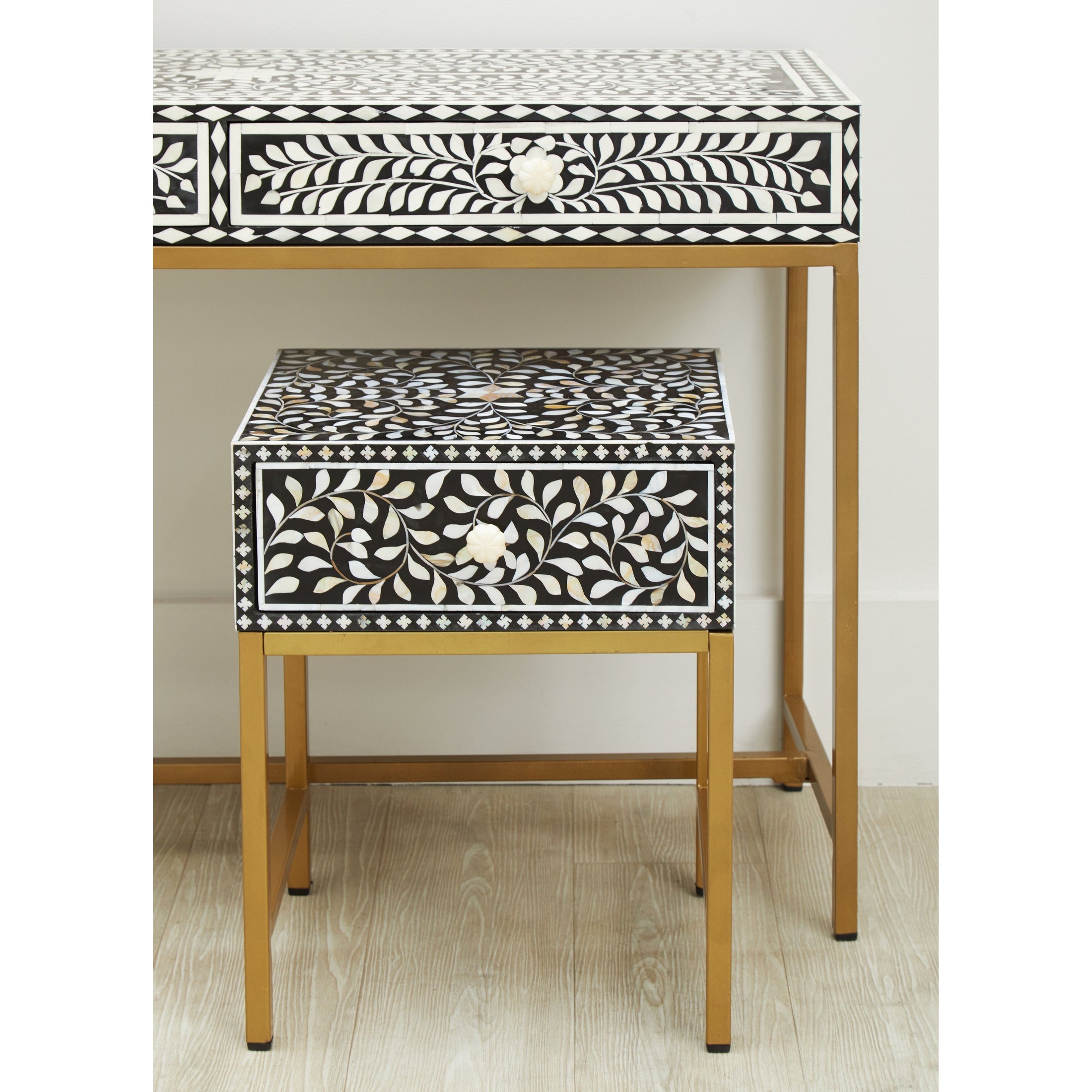 Fusari 1 Drawer Side Table with Bone Inlay & Gold Legs  Nicholas John Interiors