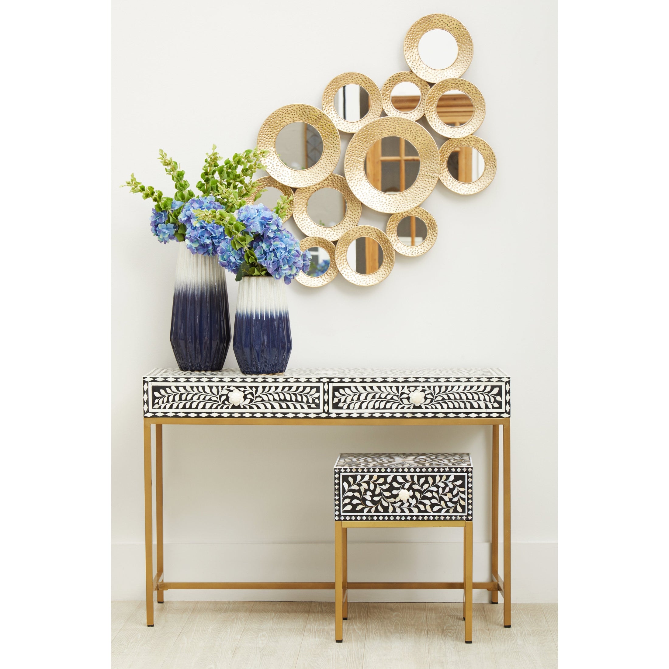 Fusari 1 Drawer Side Table with Bone Inlay & Gold Legs  Nicholas John Interiors