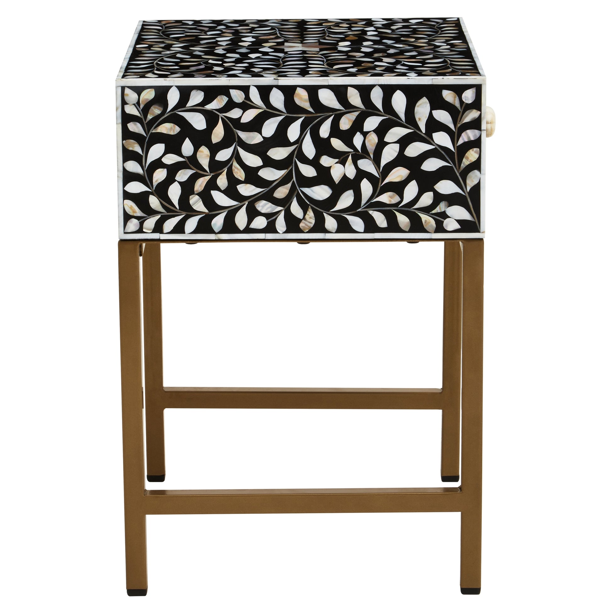 Fusari 1 Drawer Side Table with Bone Inlay & Gold Legs  Nicholas John Interiors