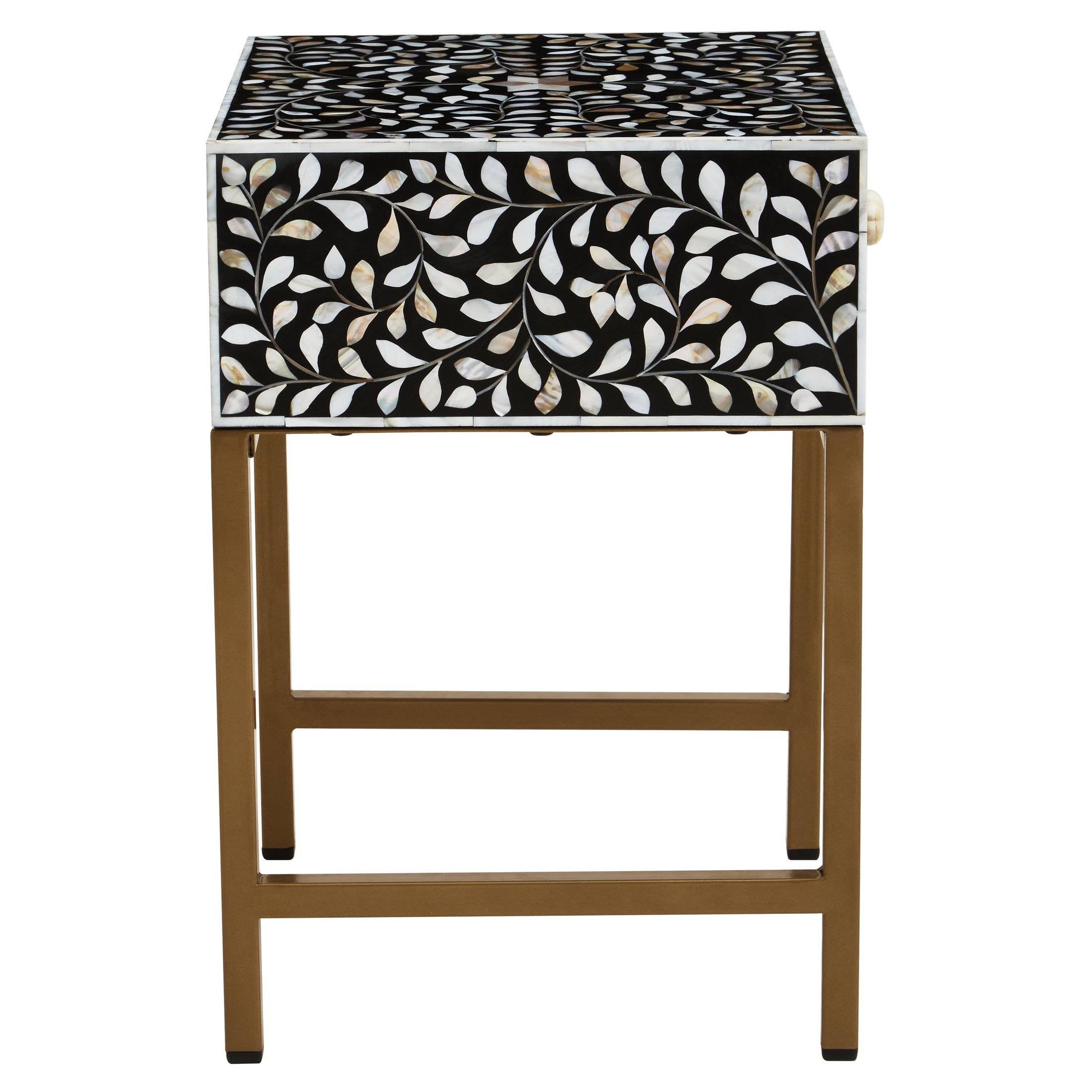 Fusari 1 Drawer Side Table with Bone Inlay & Gold Legs  Nicholas John Interiors