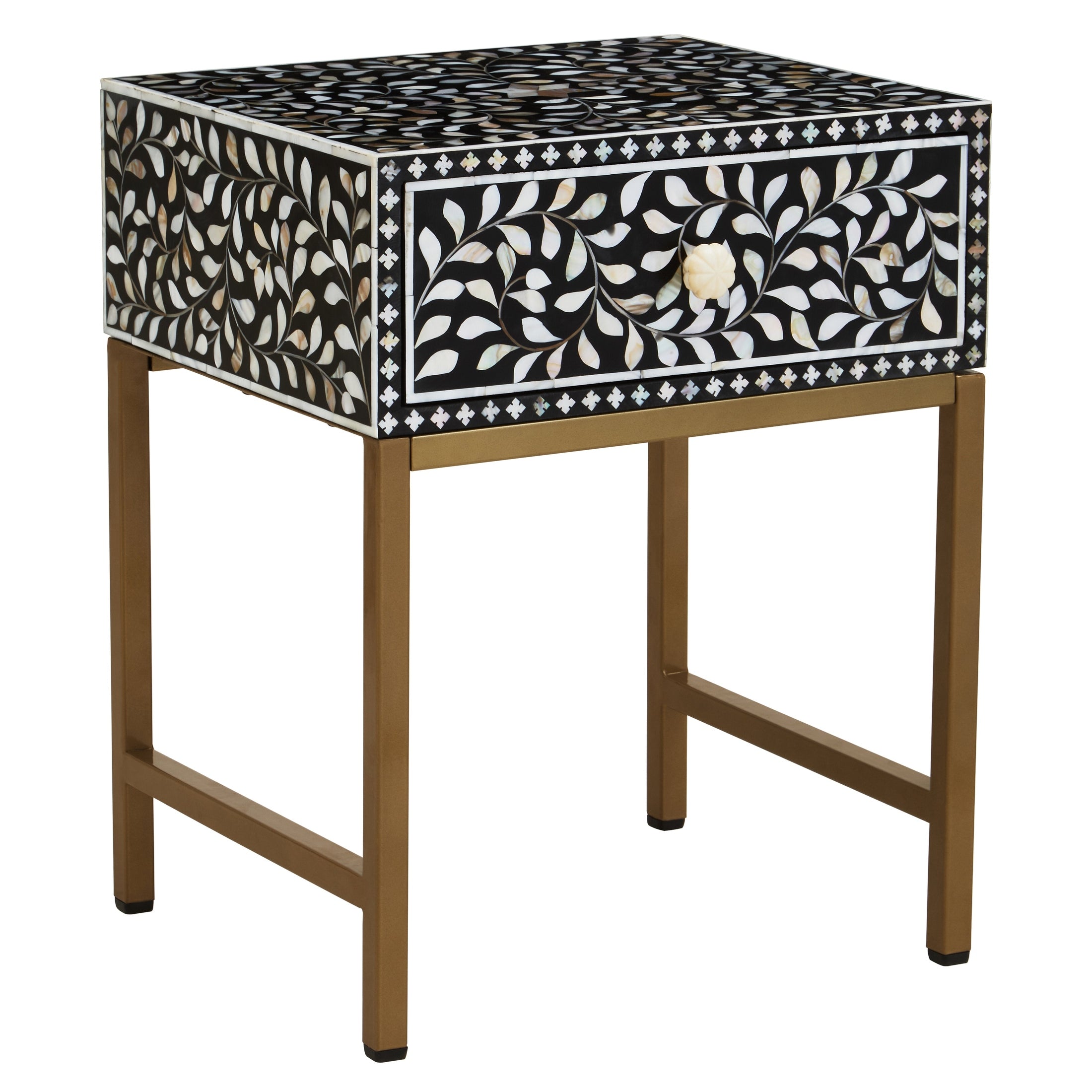 Fusari 1 Drawer Side Table with Bone Inlay & Gold Legs  Nicholas John Interiors