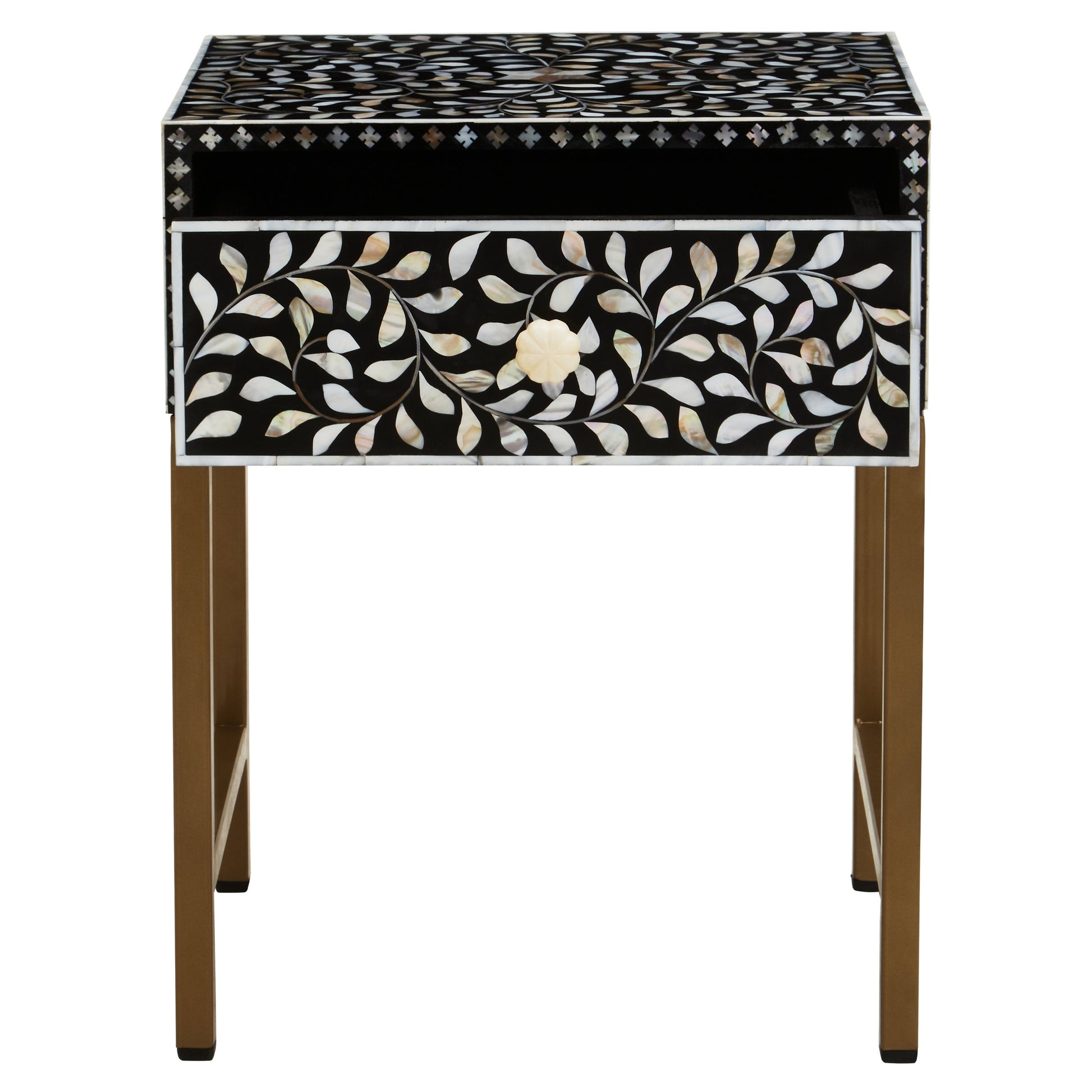 Fusari 1 Drawer Side Table with Bone Inlay & Gold Legs  Nicholas John Interiors