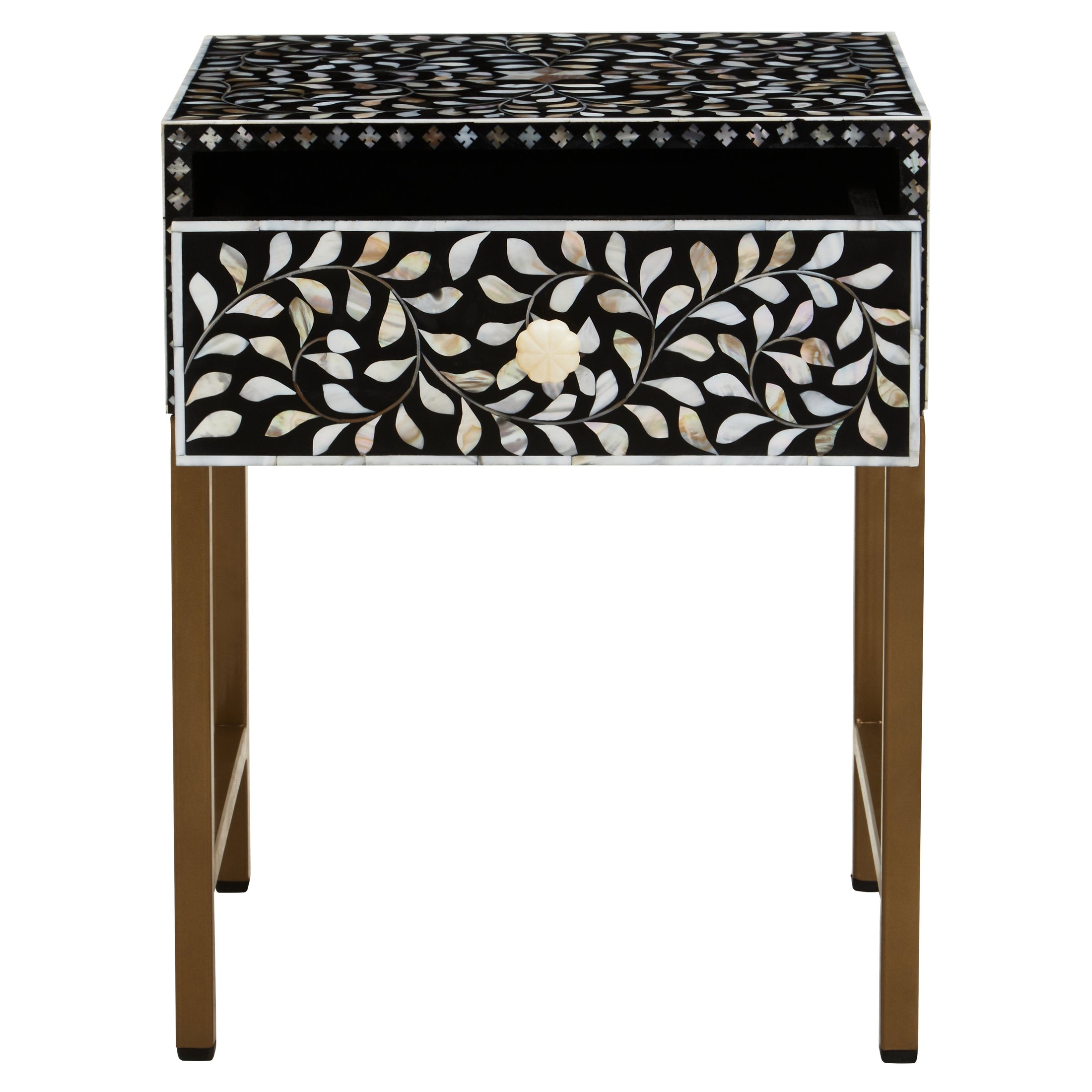 Fusari 1 Drawer Side Table with Bone Inlay & Gold Legs  Nicholas John Interiors