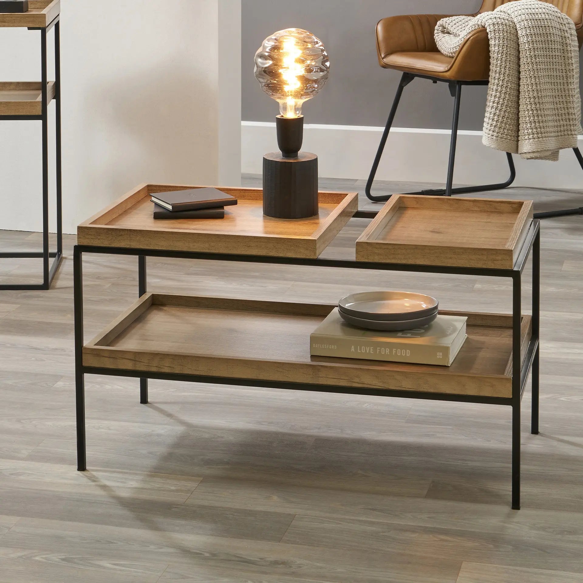 Gallery Natural Wood Veneer and Black Metal Coffee Table   Nicholas John Interiors