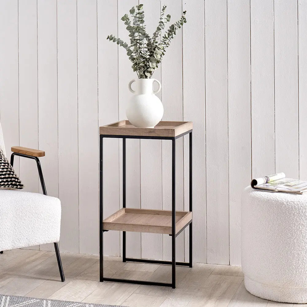 Gallery Natural Wood Veneer and Black Metal Side Table   Nicholas John Interiors