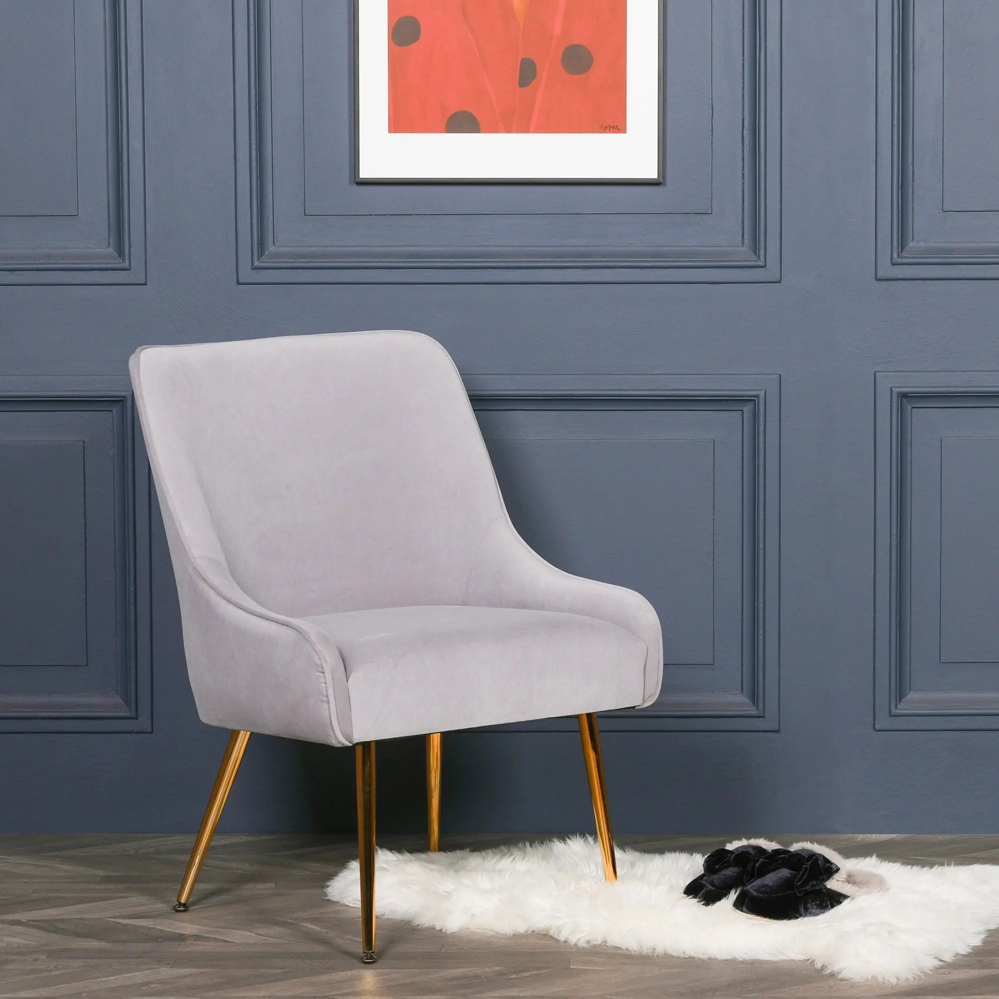Grey Velvet Accent Chair with Gold Metal Legs   Nicholas John Interiors