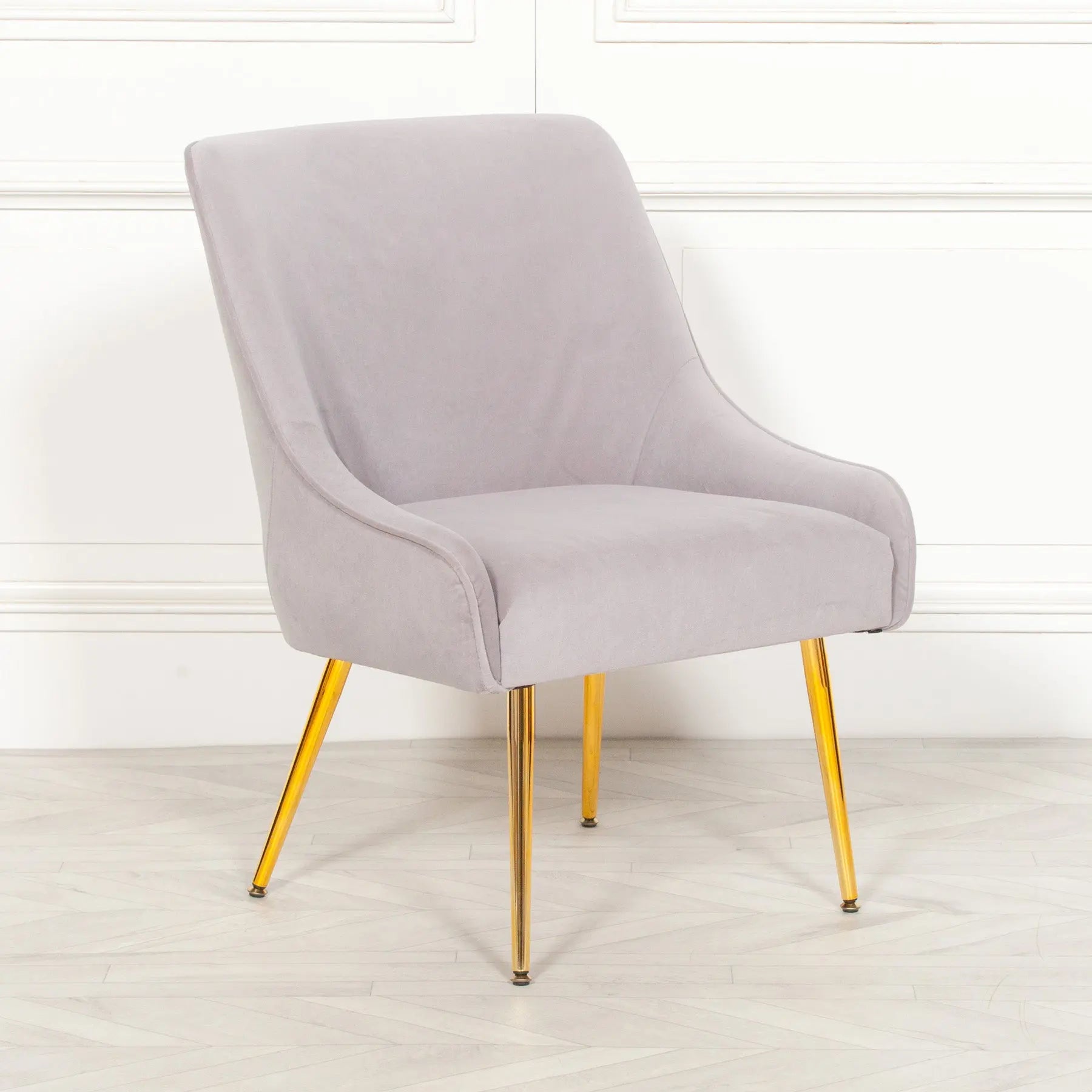 Grey Velvet Accent Chair with Gold Metal Legs   Nicholas John Interiors