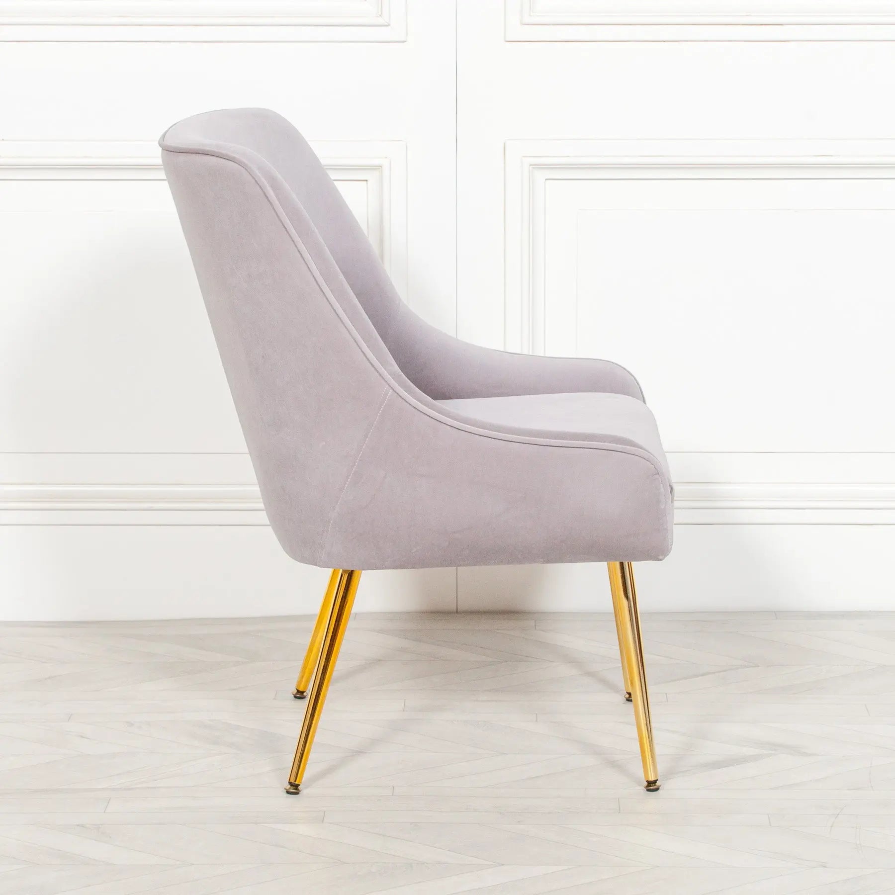 Grey Velvet Accent Chair with Gold Metal Legs   Nicholas John Interiors