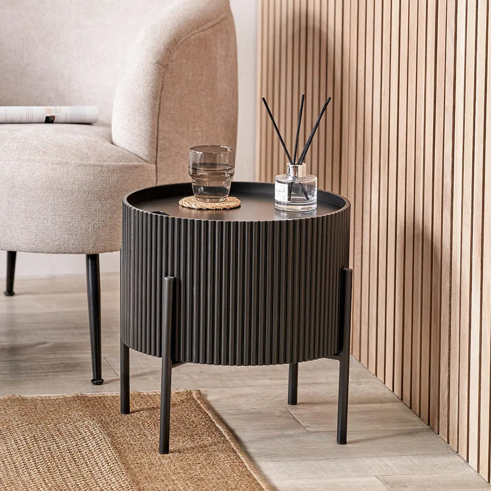 Henderson Black Wood and Black Metal Storage Side Table   Nicholas John Interiors