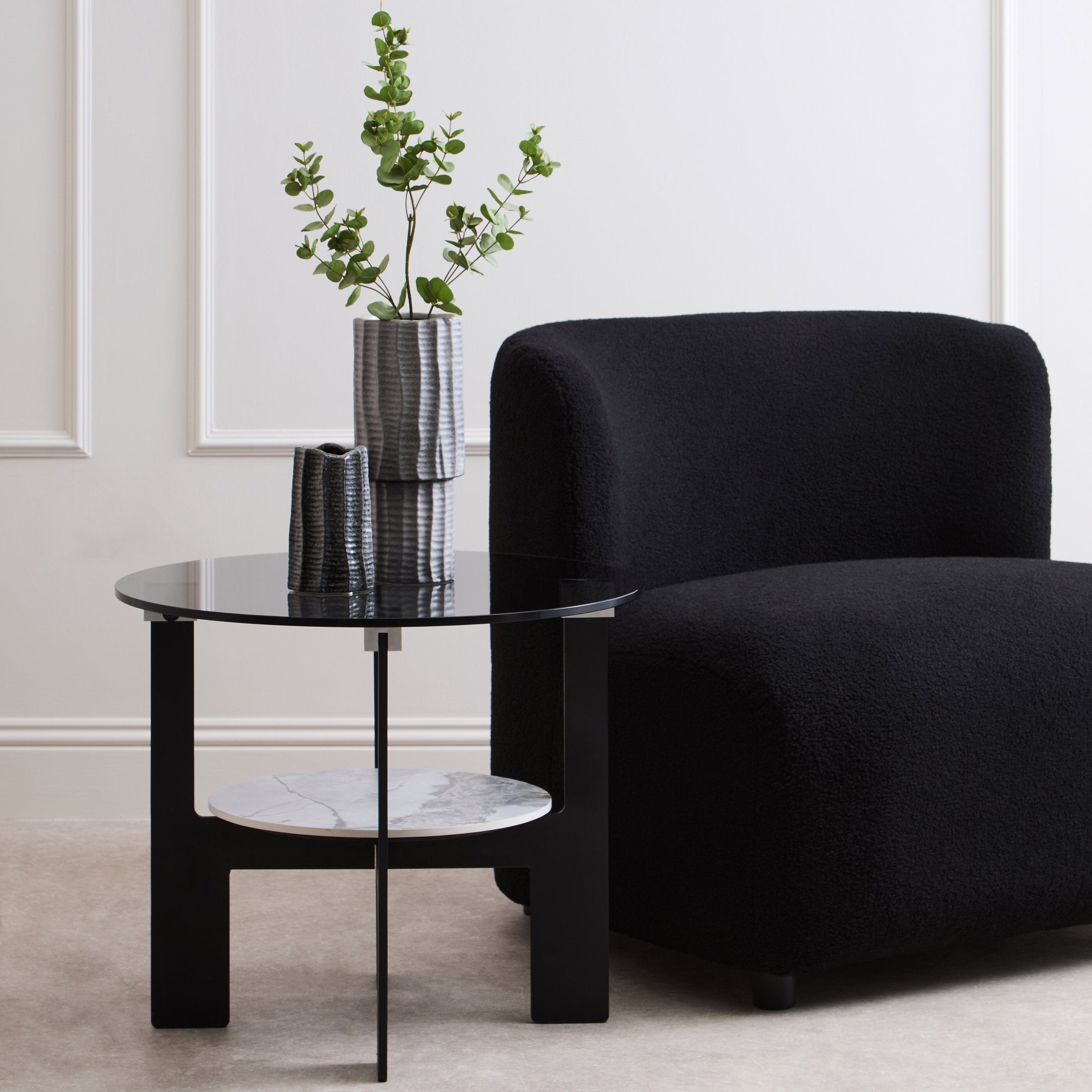 Impero Round Grey Glass And Ceramic Small Coffee Table  Nicholas John Interiors