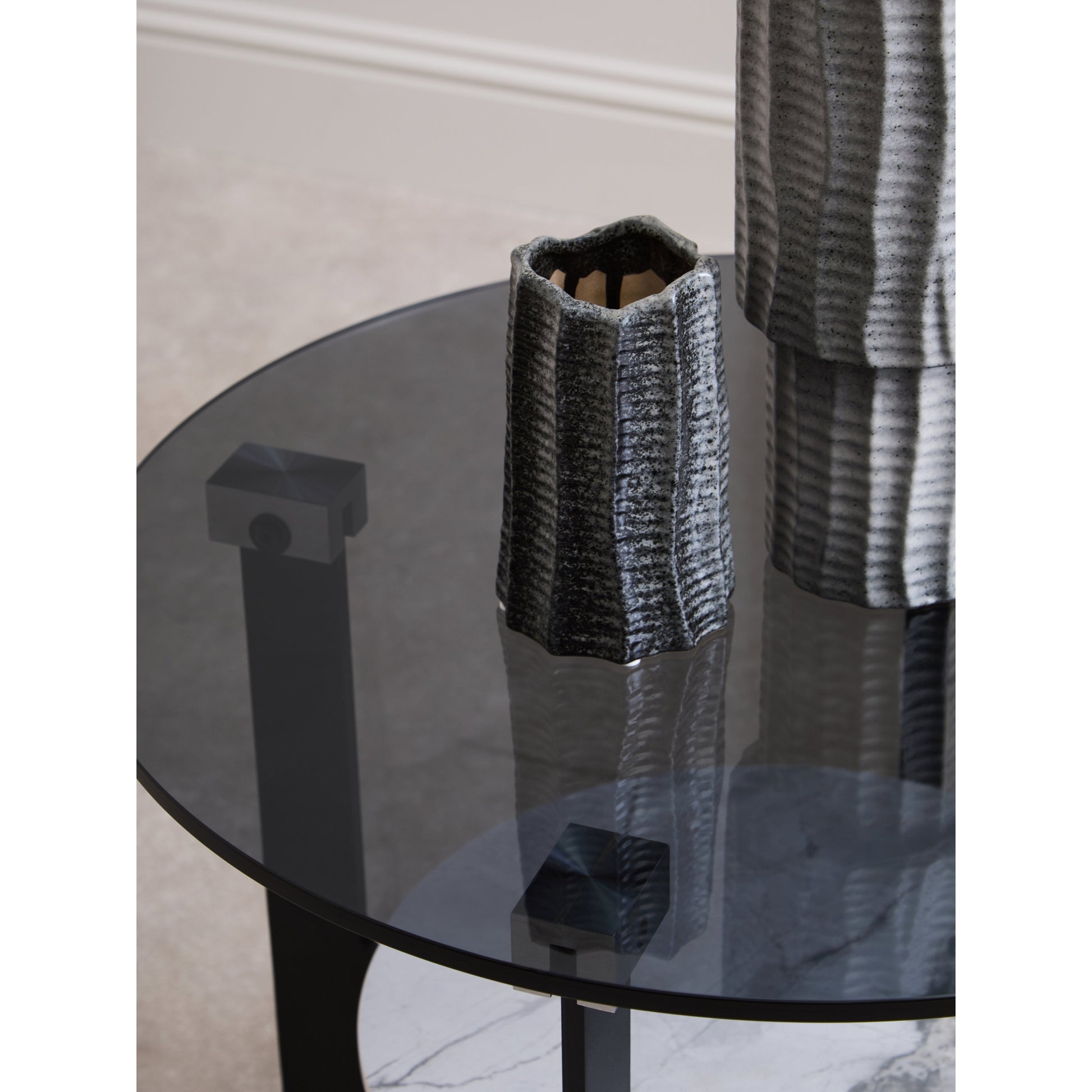 Impero Round Grey Glass And Ceramic Small Coffee Table  Nicholas John Interiors