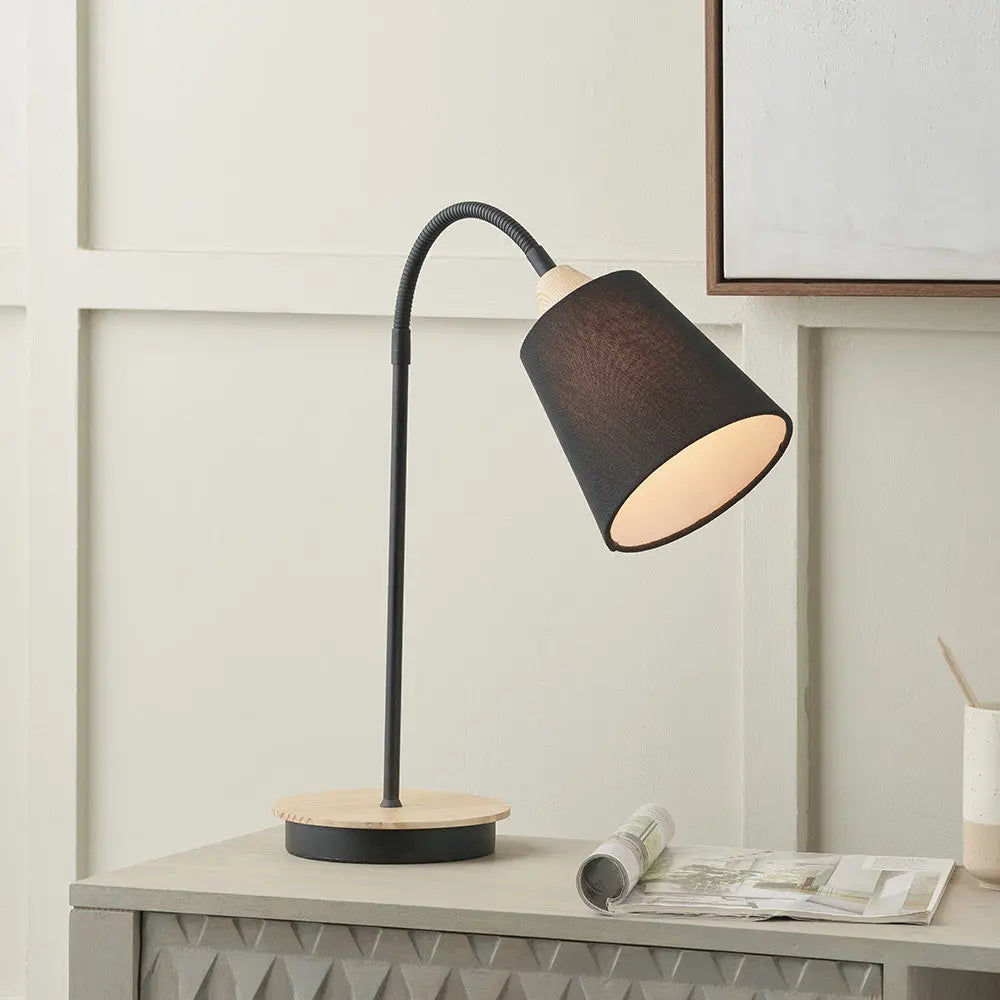 Juna Black Metal and Natural Wood Table Lamp  Nicholas John Interiors