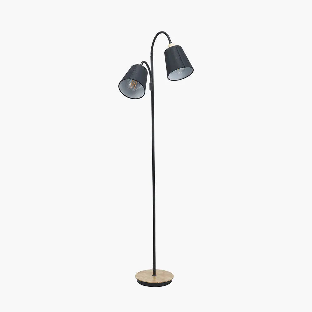 Juna Black Metal and Natural Wood Two Head Floor Lamp  Nicholas John Interiors