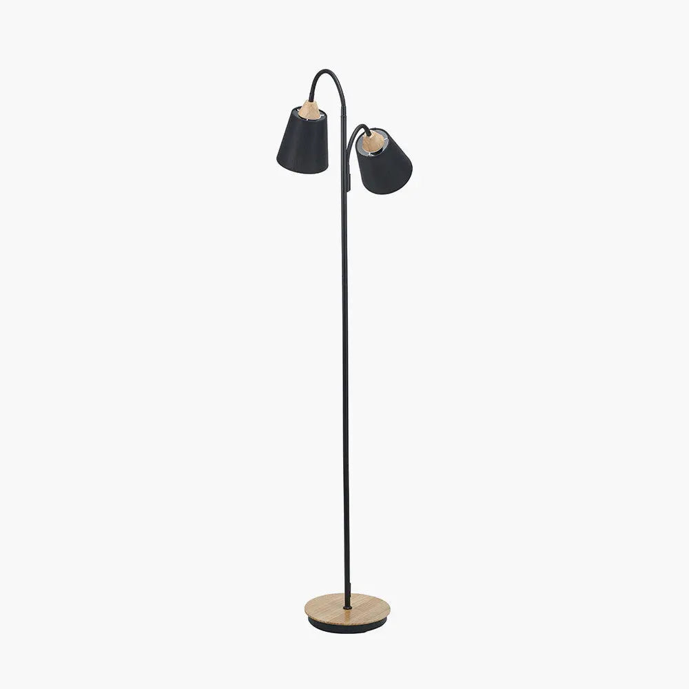 Juna Black Metal and Natural Wood Two Head Floor Lamp  Nicholas John Interiors