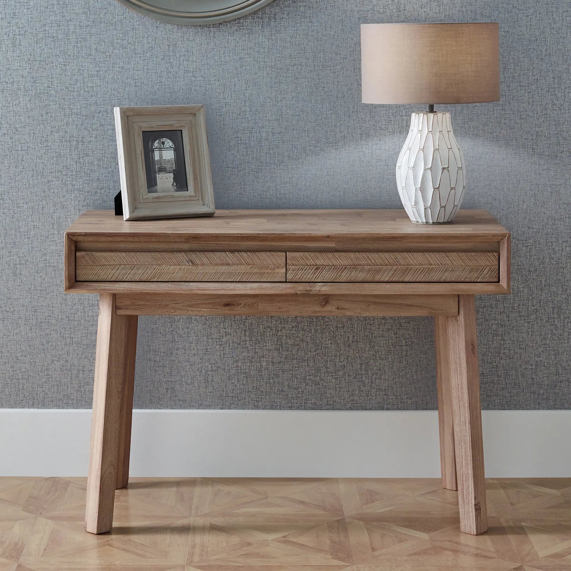 Kalmar Sand Wash Acacia Wood 2 Drawer Desk   Nicholas John Interiors