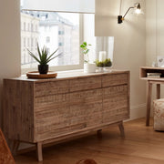 Kalmar Sand Wash Acacia Wood 3 Drawer 3 Door Sideboard   Nicholas John Interiors