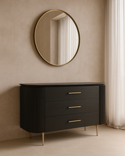 Tommy Franks Lantine 3 Drawer Dresser in Black Oak & Brass   Nicholas John Interiors