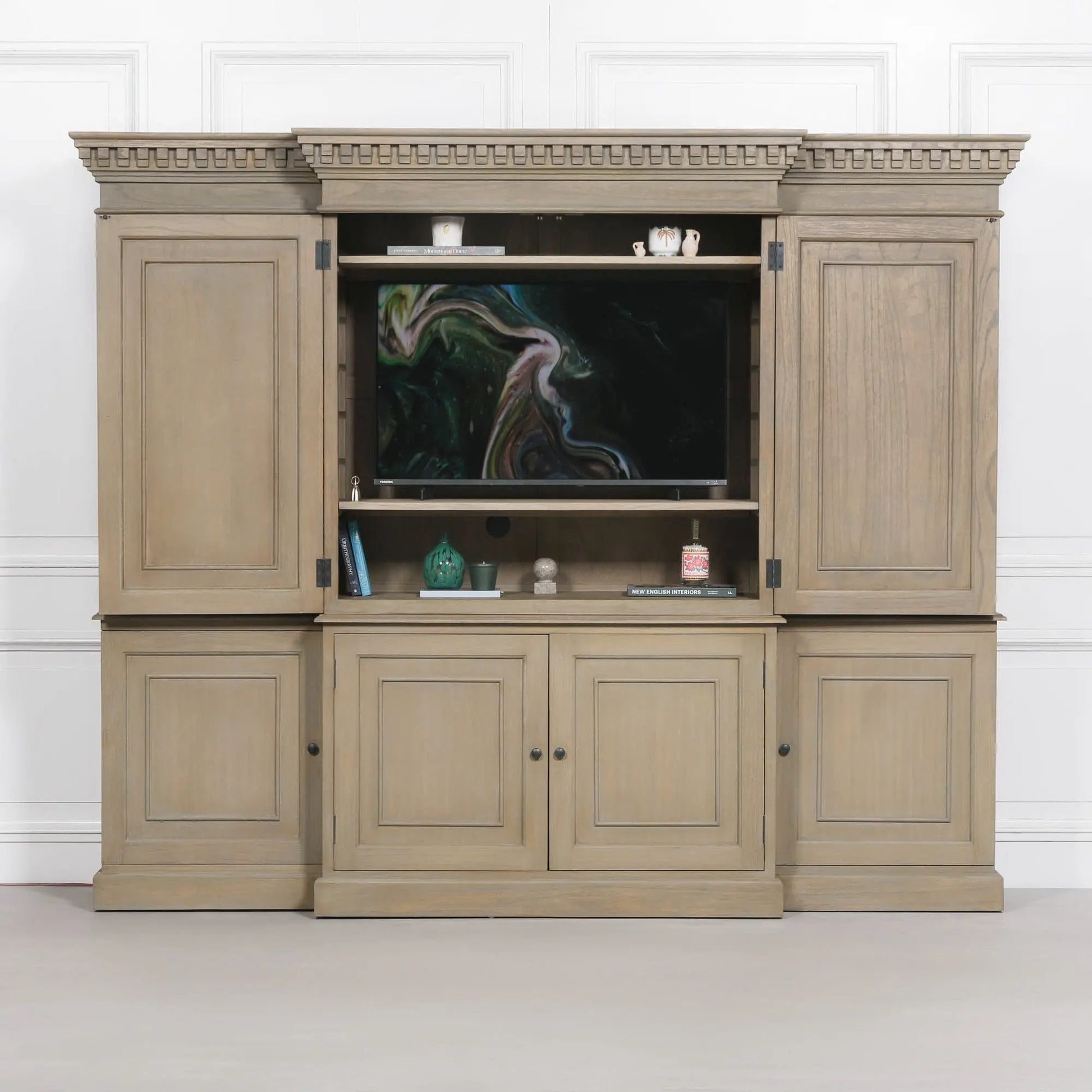 Large Wooden Triple Breakfront TV Cabinet   Nicholas John Interiors