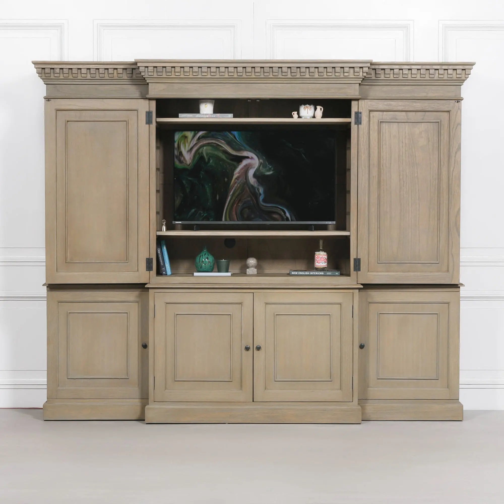 Large Wooden Triple Breakfront TV Cabinet   Nicholas John Interiors
